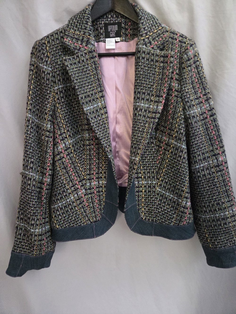 Vintage Tweed Plaid Blazer with Pink Lining